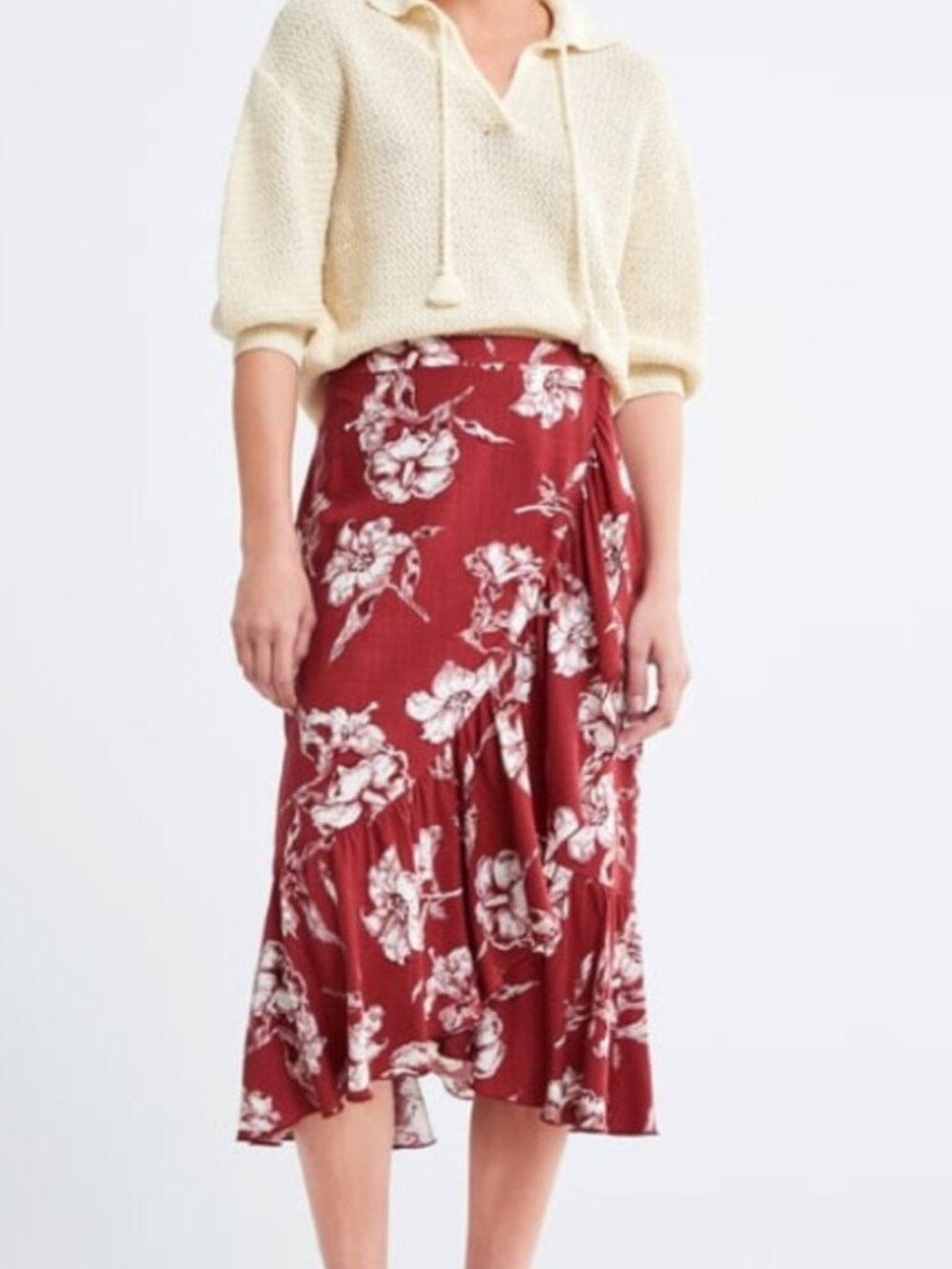Zara Red Linen Midi Wrap Skirt